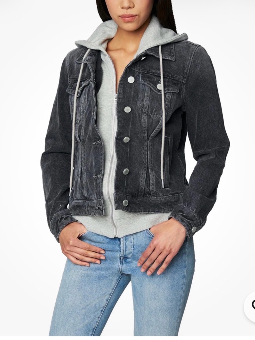 Faux-Layered Hooded Denim Jacket in Washed Black